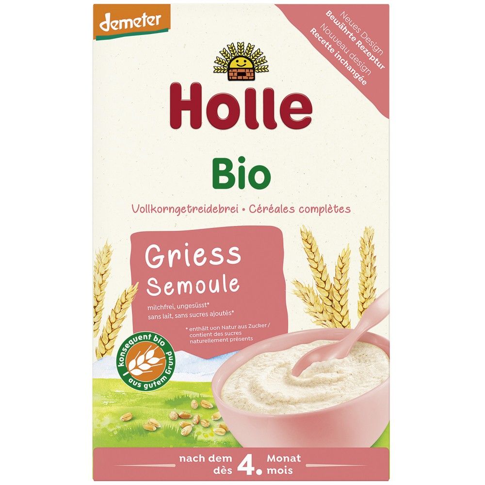 Terci bio Holle pentru copii 5 luni, cereale integrale 250g, design ambalaj alb și roz.
