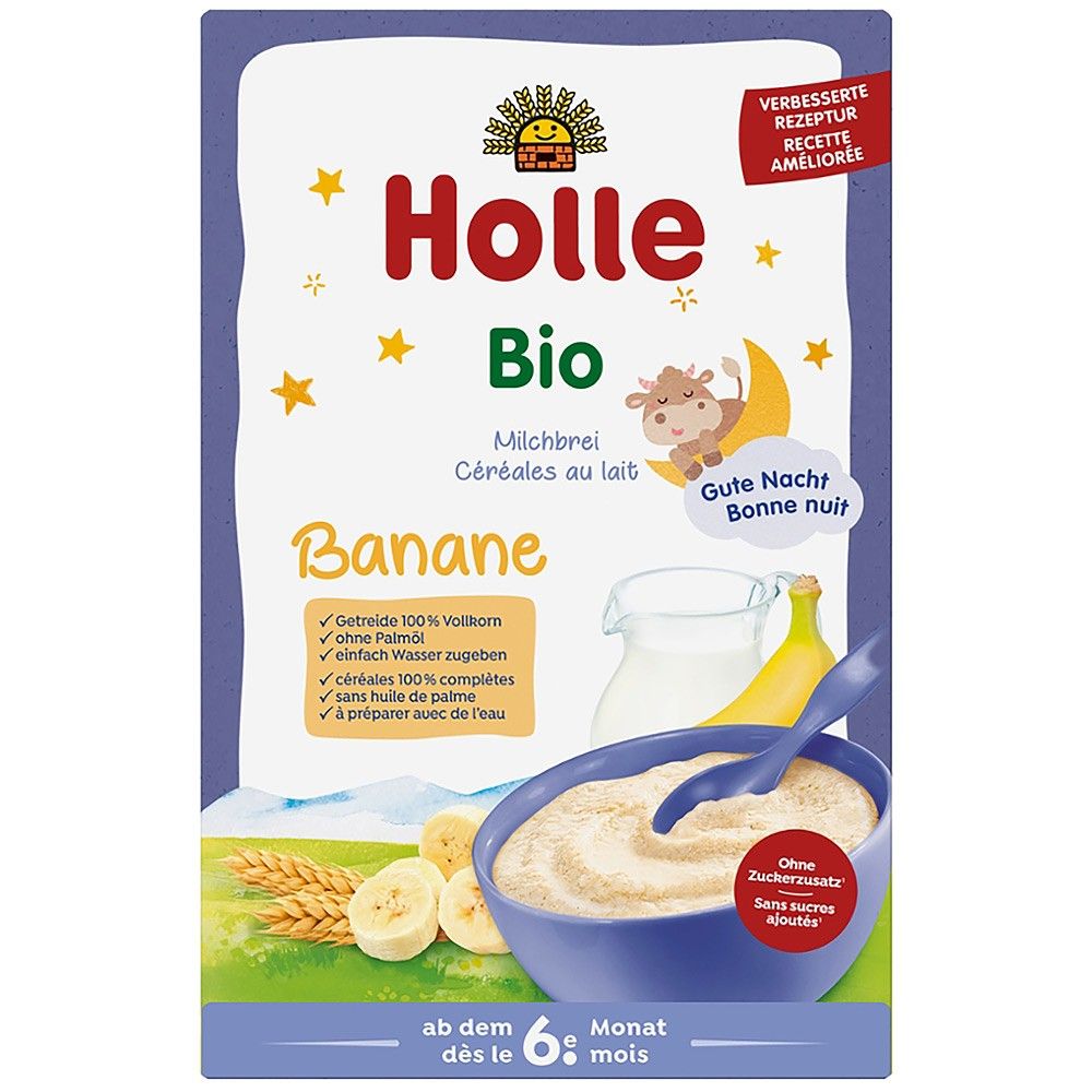 Terci bio cu lapte și banane Holle 250g, ambalaj colorat cu imagini de cereale și fructe.