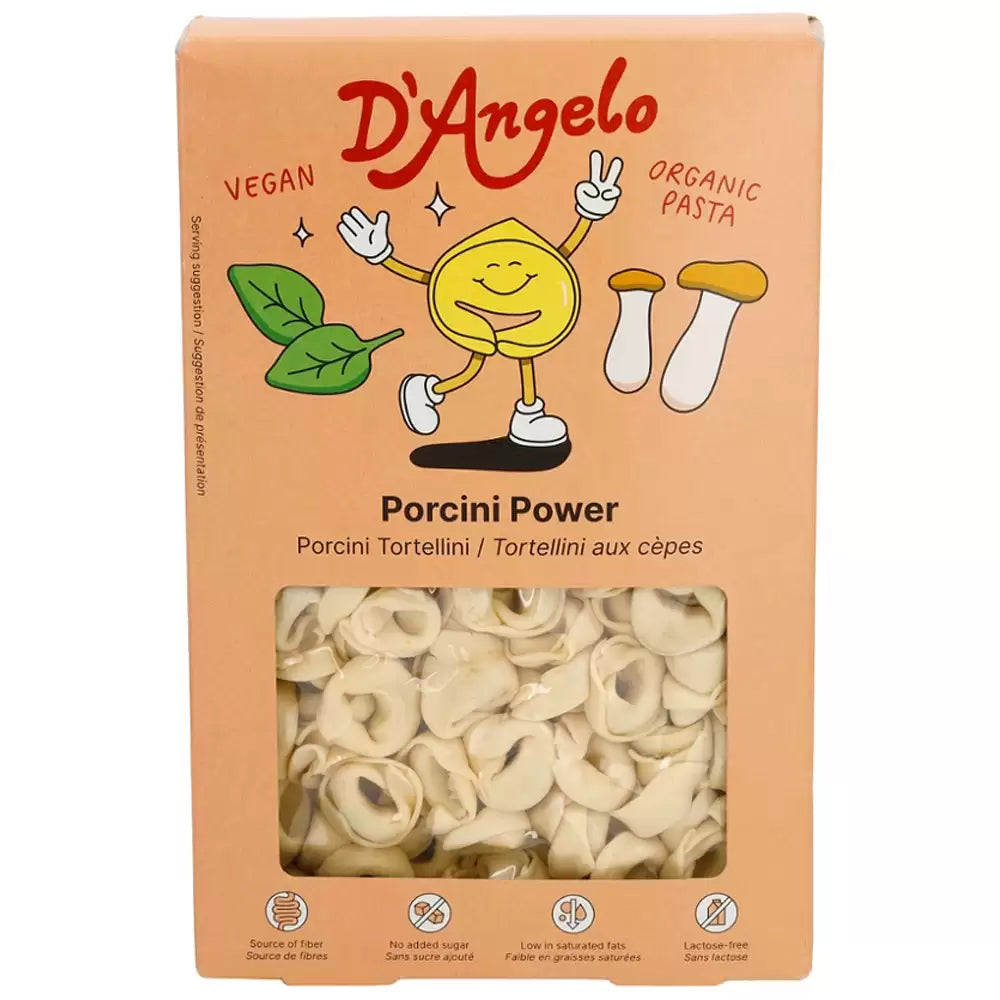 Tortellini bio cu umplutură de hribi D'Angelo, ambalaj vegan, 250g, culoare bej, paste ecologice italuene.