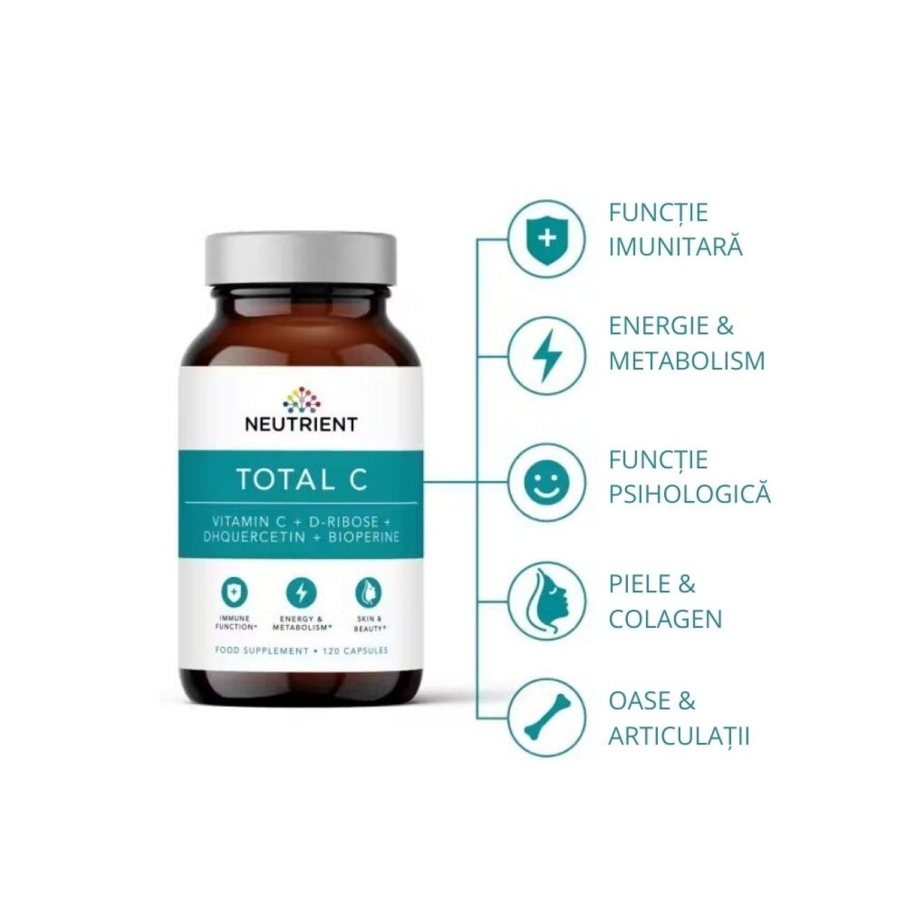 Flacon maro cu supliment Total C Neutrient, etichetă albastră, capacități multiple sănătate.