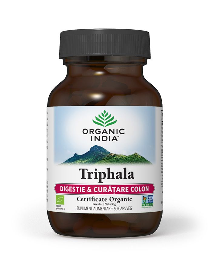 Triphala Digestie & Curatare Colon, 60 capsule vegetale, flacon maro, capac negru, etichetă albă.