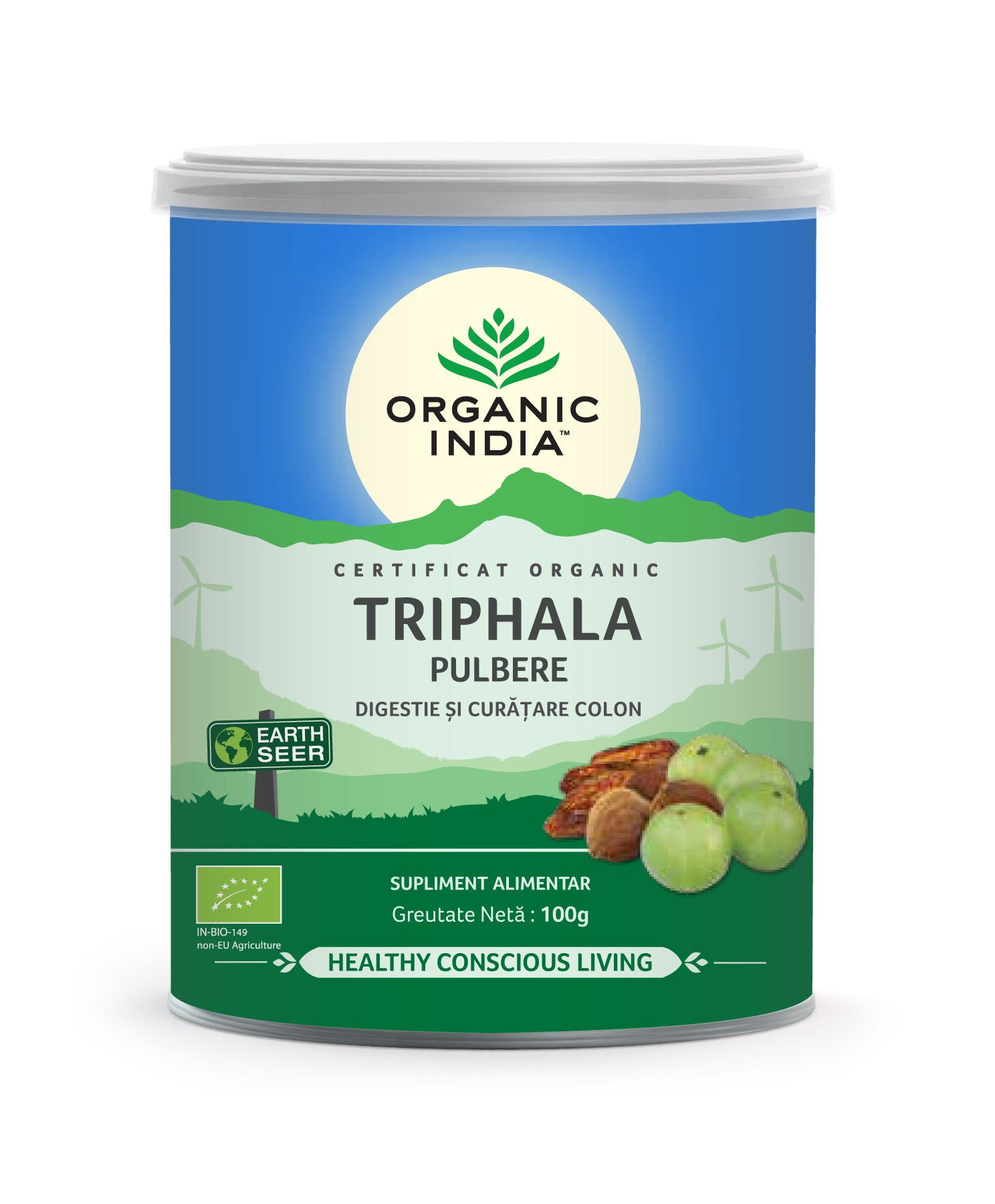 Cutie Triphala Organic India, pulbere 100g, design verde-albastru, logo central, ilustrativă pentru detoxifierea colonului.