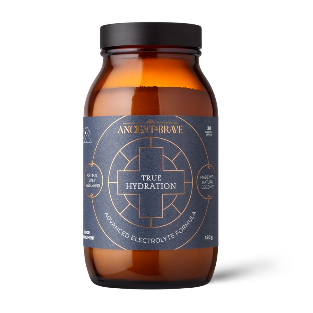 True Hydration 180 gr, Ancient and Brave, borcan sticlă maro, etichetă albastră, formulară electroliți naturali.