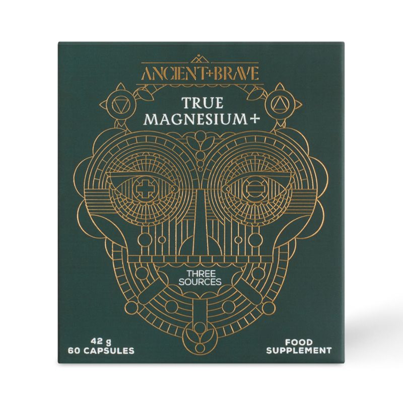 Supliment True Magnesium+ Ancient and Brave, cutie albastră cu design auriu, 60 capsule.