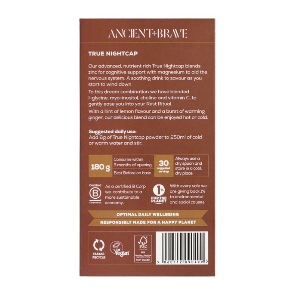Detalii cutie True Nightcap 180 gr, text alb pe fundal maro, componente naturale, 30 porții, certificat vegan.