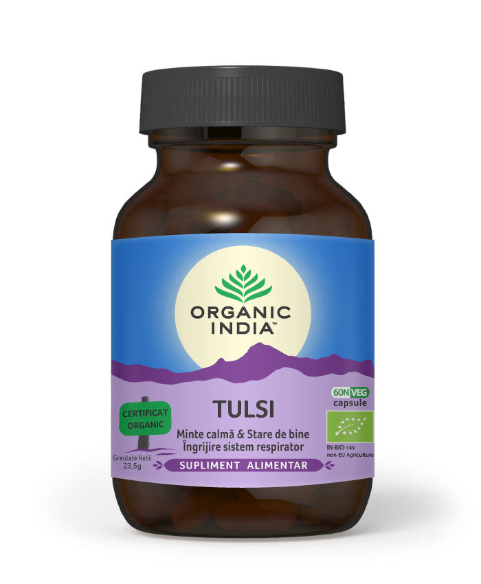 Tulsi capsule vegetale, Organic India, borcan maro cu etichetă albastră și mov.