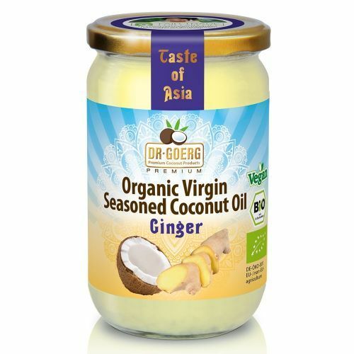 Ulei de cocos bio cu ghimbir, 190ml, Dr. Goerg, etichetă albastră-orientală, capac argintiu.