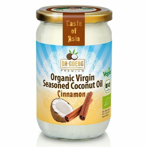Ulei de cocos condimentat cu scorțișoară bio 190ml Dr. Goerg, etichetă albastră, capac auriu.