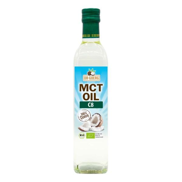 Ulei de cocos MCT C8 bio 500ml Dr. Goerg, ambalaj plastic transparent, etichetă albastră, sigiliu verde.