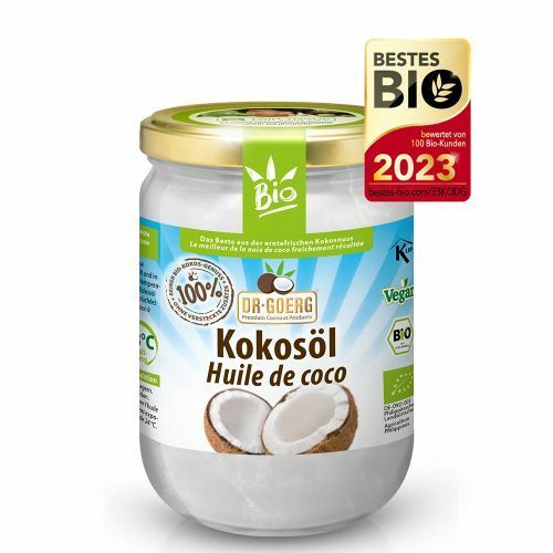 Ulei de cocos bio Dr. Goerg 500ml, borcan sticlă, capac auriu, etichetă verde și albastră.