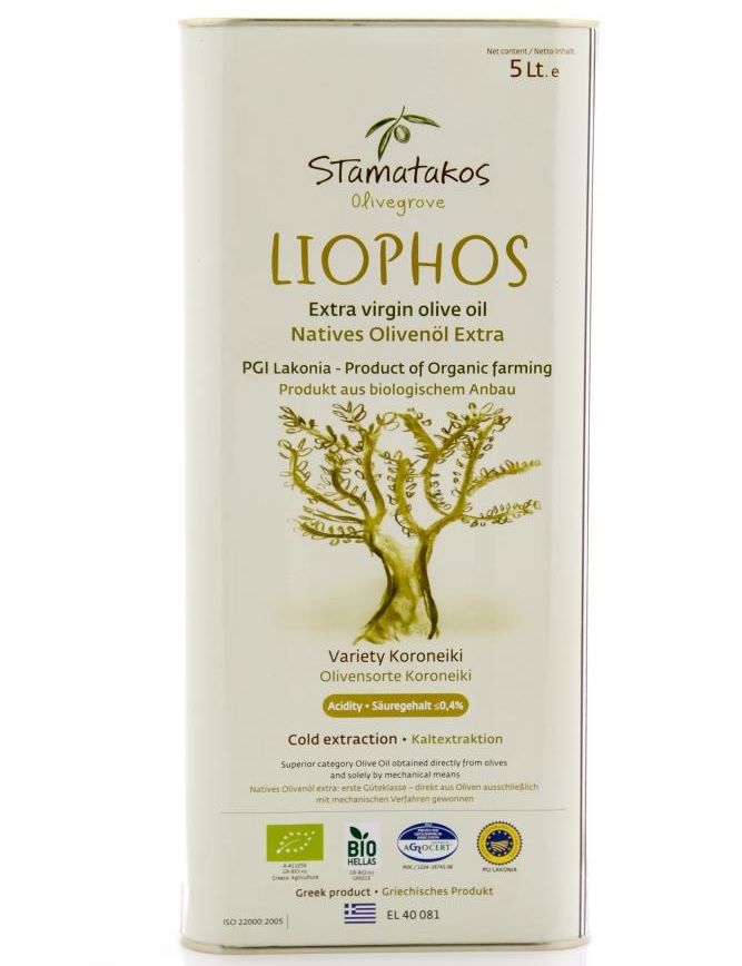 Ulei de măsline extravirgin Liophos bio Stamatakos, 5 litri, ambalaj metalic alb cu etichetă verde.