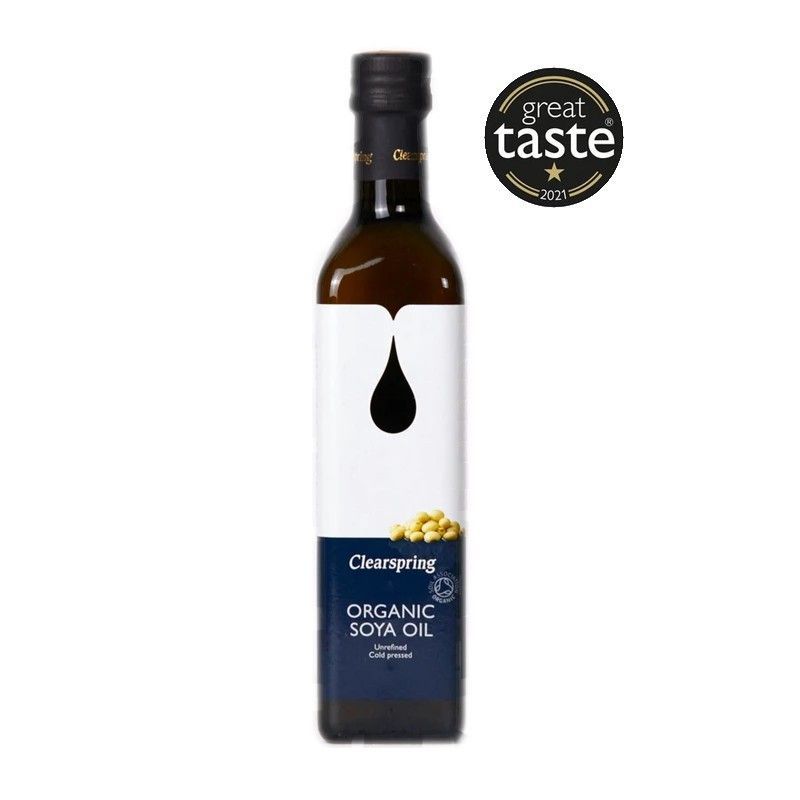 Ulei bio de soia Clearspring 500ml cu etichetă albă și albastră, sigiliu negru, medalie Great Taste.