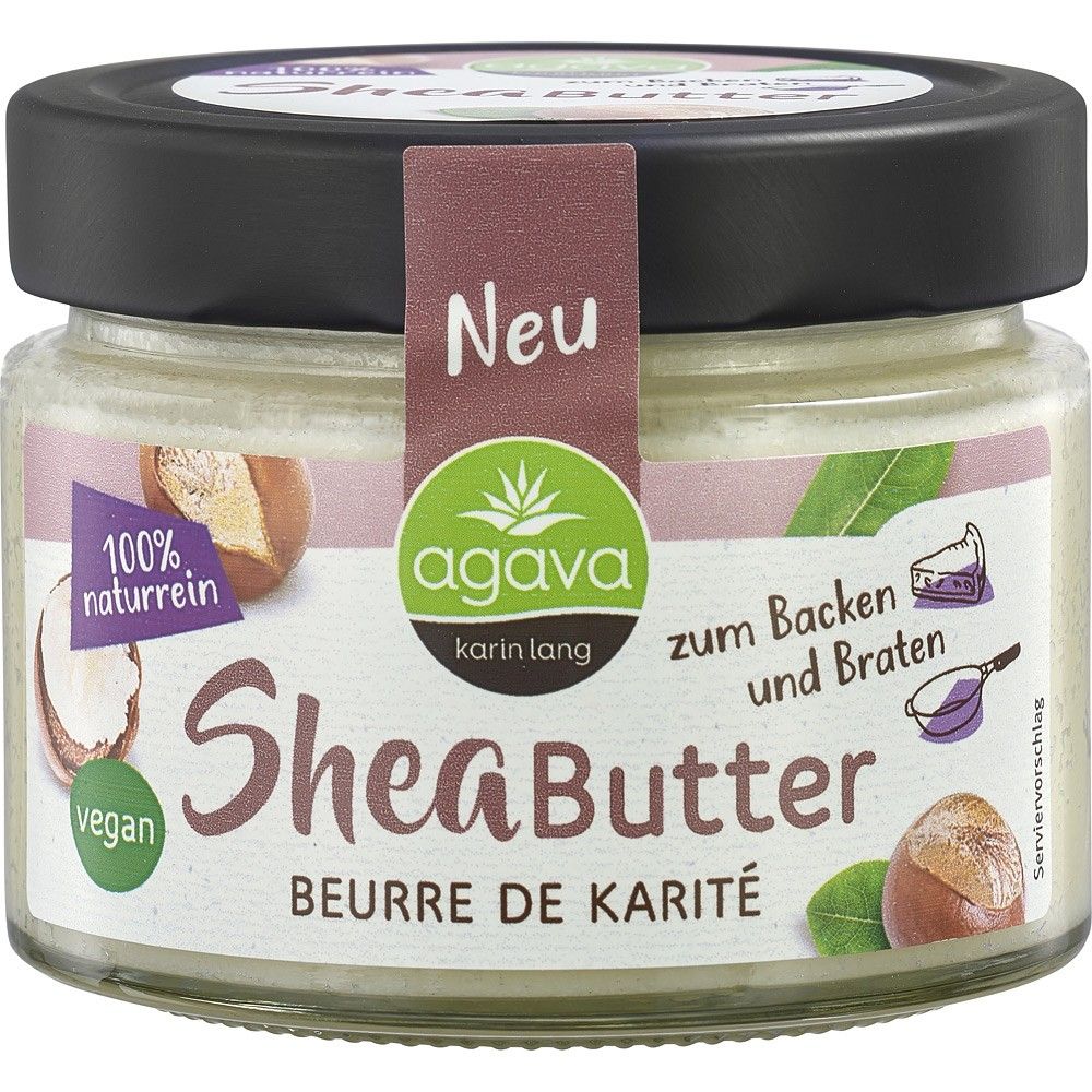 Unt bio de shea 200g Agava Karin Lang, borcan cu capac negru, etichetă verde-maro, vegan, hidratant.
