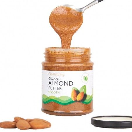 Unt de migdale Clearspring ecologic, cremă tartinabilă în borcan 170g cu migdale întregi, capac negru.