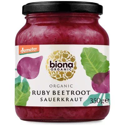 Varza murată cu sfeclă roșie bio Biona 350g, borcan etichetat.