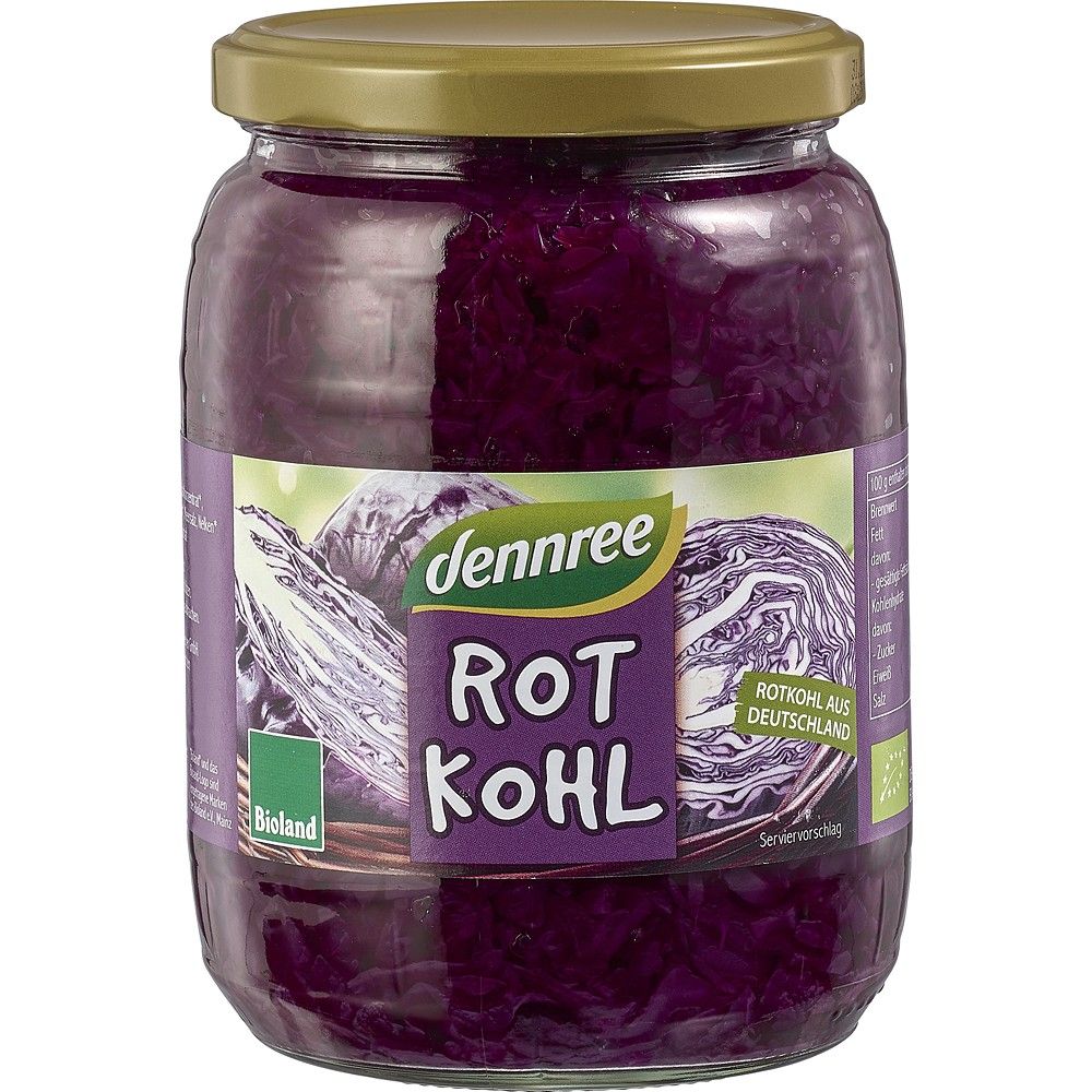 Varză roșie bio Dennree la borcan de 680g, etichetă verde și mov, capac auriu.