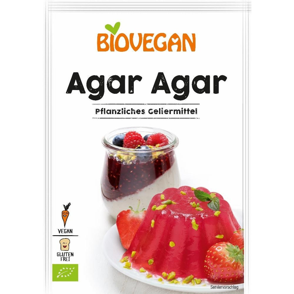 Agar agar bio fără gluten 30g Biovegan, pachet alb cu logo verde și jeleu fructe.