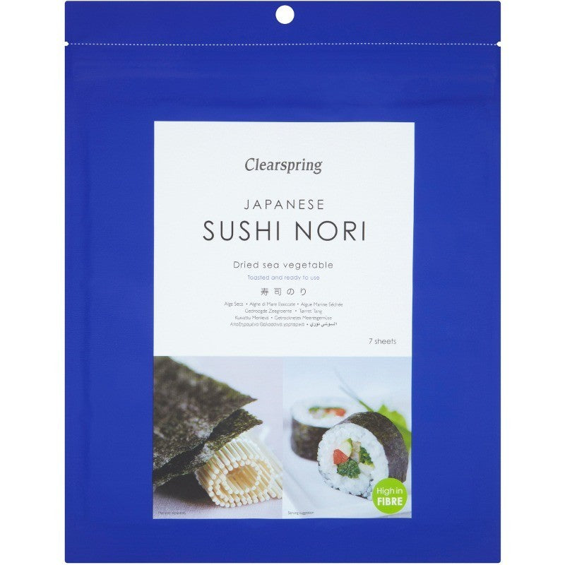 Alge Sushi Nori Clearspring 17g în ambalaj albastru, foi nori deshidratate și prăjite.