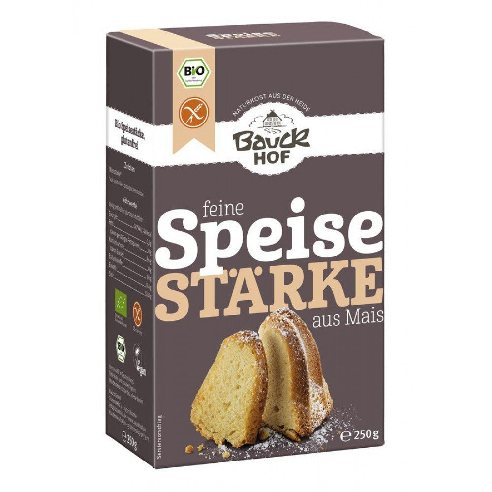 Cutie Amidon de porumb 250g BauckHof, bio, fără gluten, imagine cu prăjitură, design maro și crem.