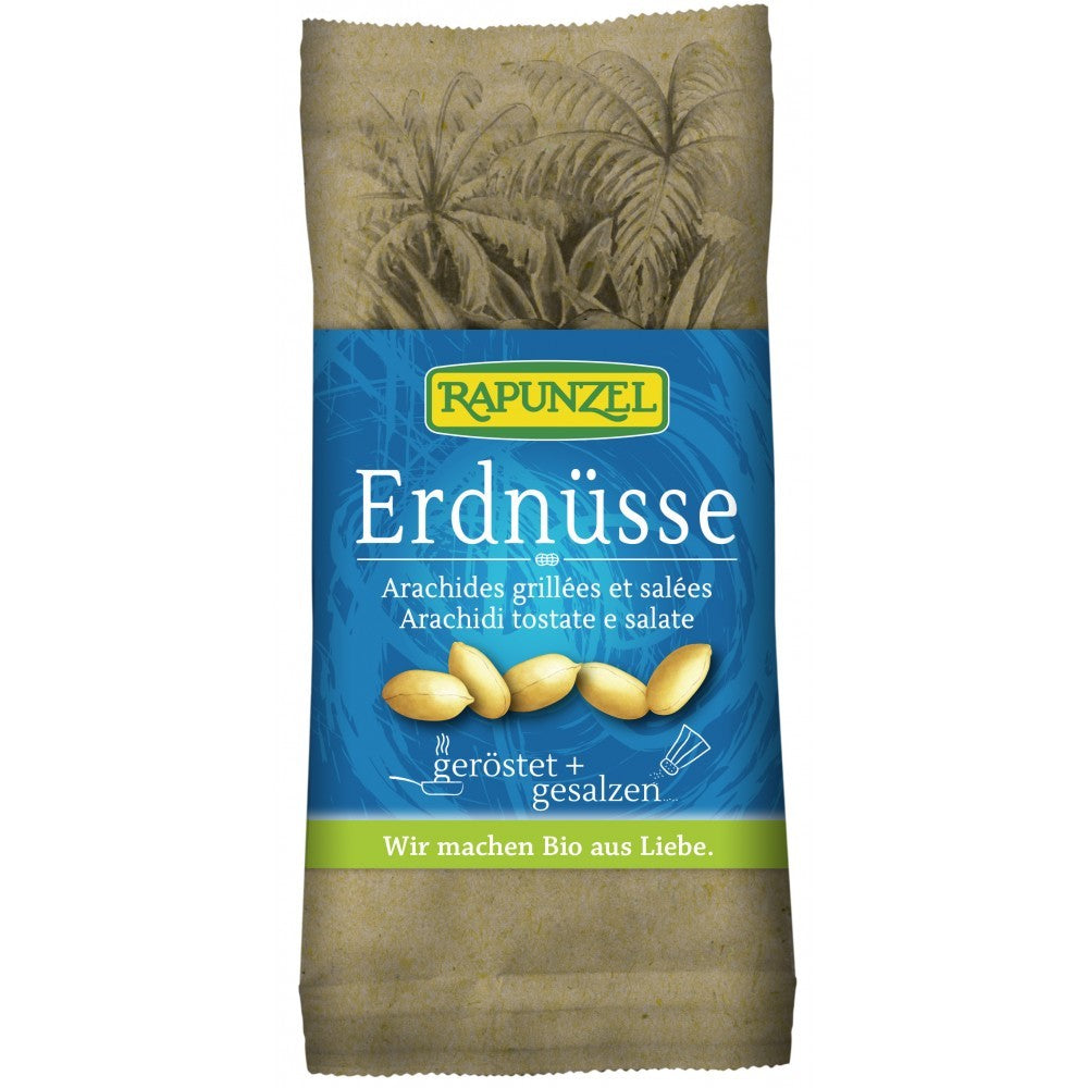 Arahide bio prăjite și sărate Rapunzel 75g, ambalaj albastru cu motive verzi.