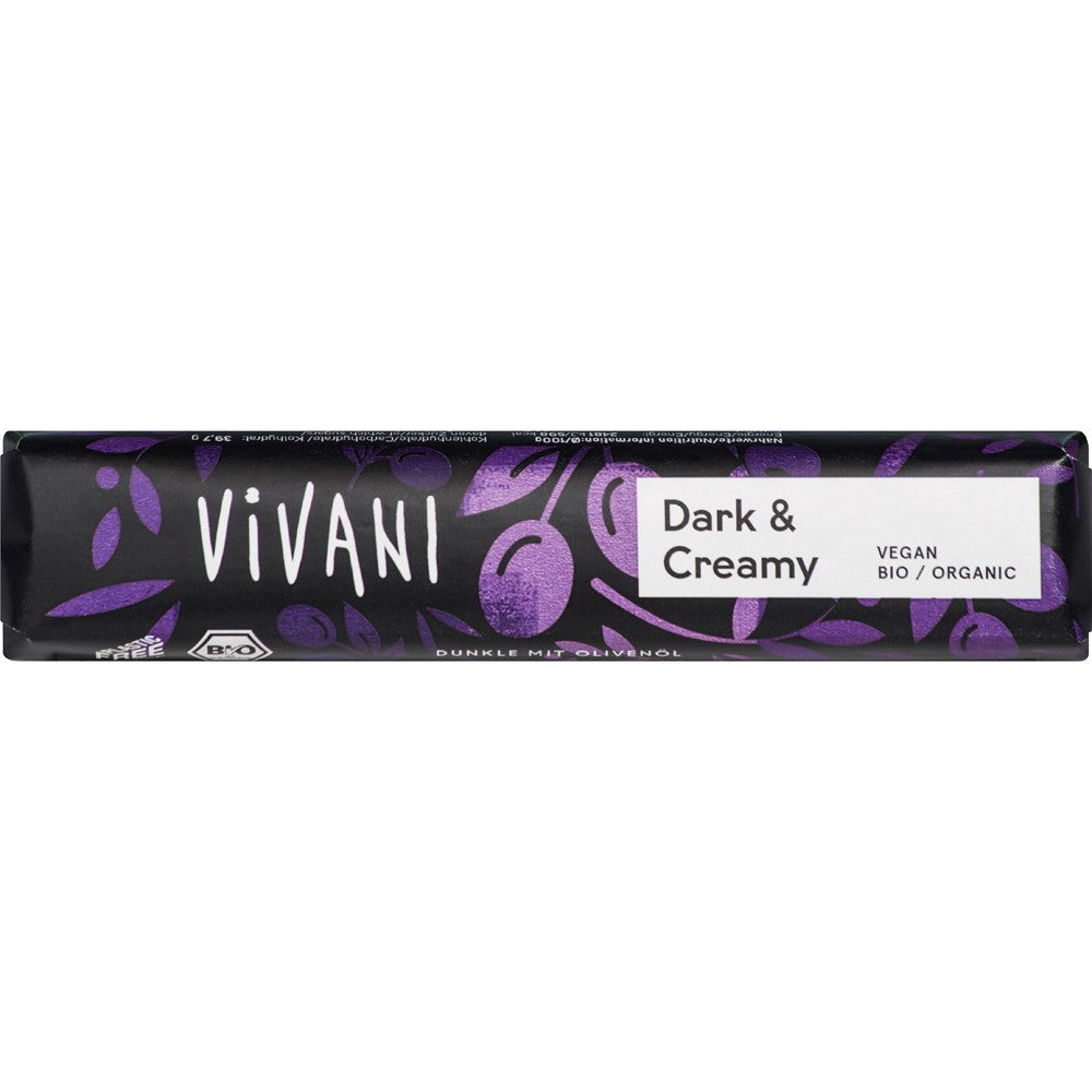 Baton de ciocolată neagră Vivani, ambalaj violet cu detalii albe, 60% cacao.