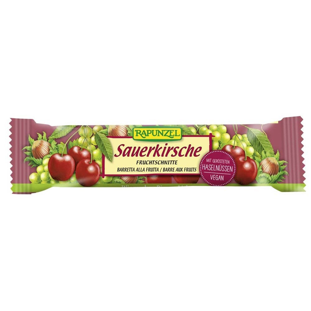 Baton de fructe cu vișine 40g Rapunzel, ambalaj colorat cu vișine și alune, vegan bio.