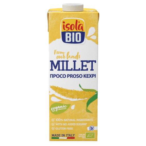 Băutură organică din mei Isola Bio 1000ml, fără gluten, cutie galbenă.