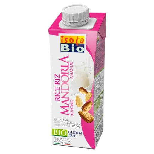 Băutură bio din orez și migdale Isola Bio, ambalaj roz-alb, 250ml, fără gluten.