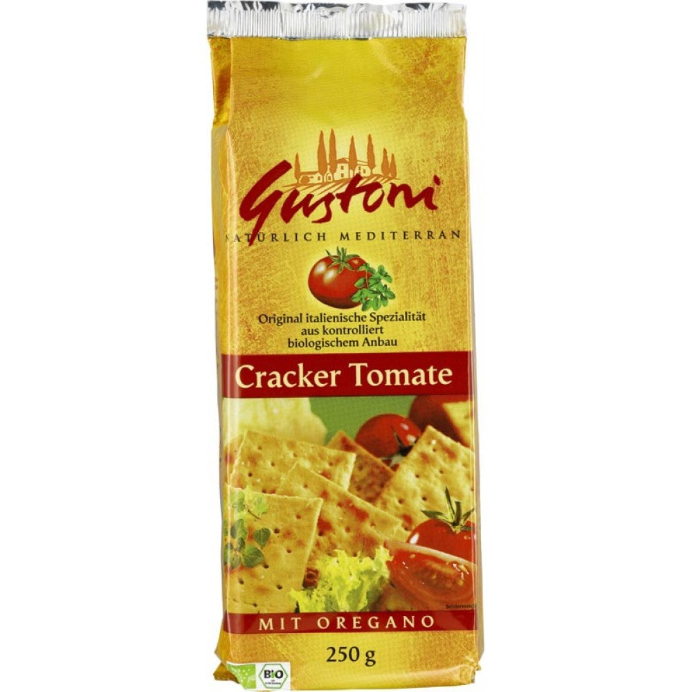 Biscuiți crocanți cu tomate și oregano Gustoni, ambalaj 250g, design mediteranean.