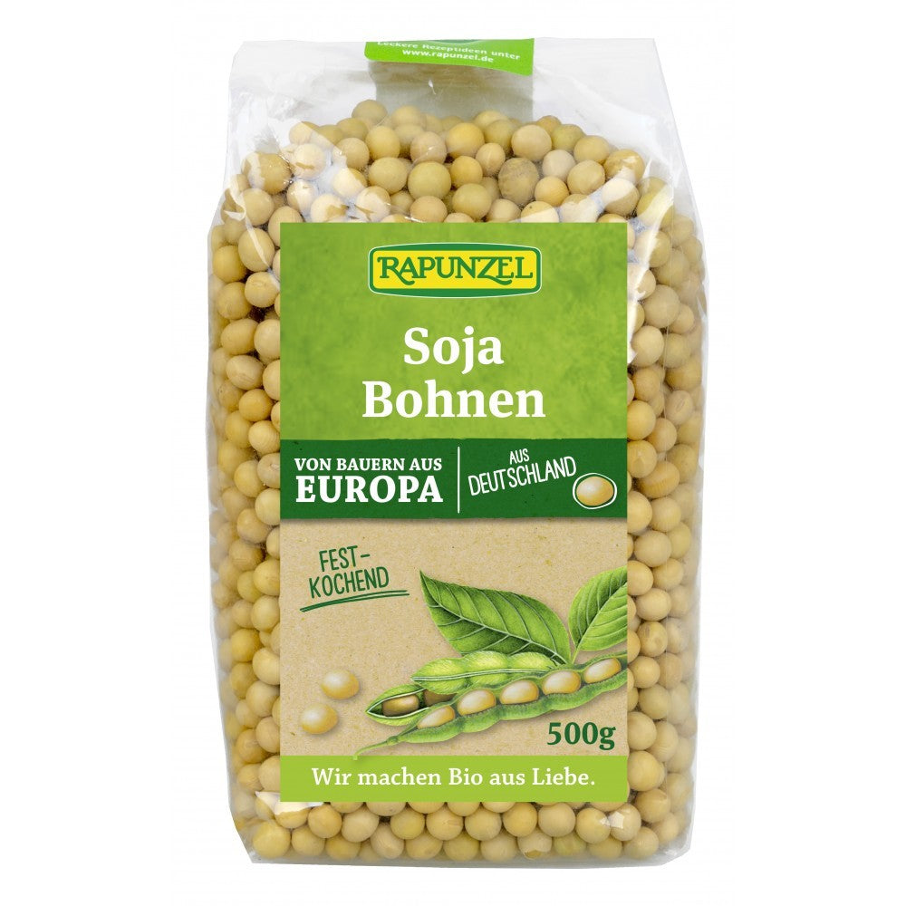 Boabe de soia bio Rapunzel 500g, pachet transparent, etichetă verde.