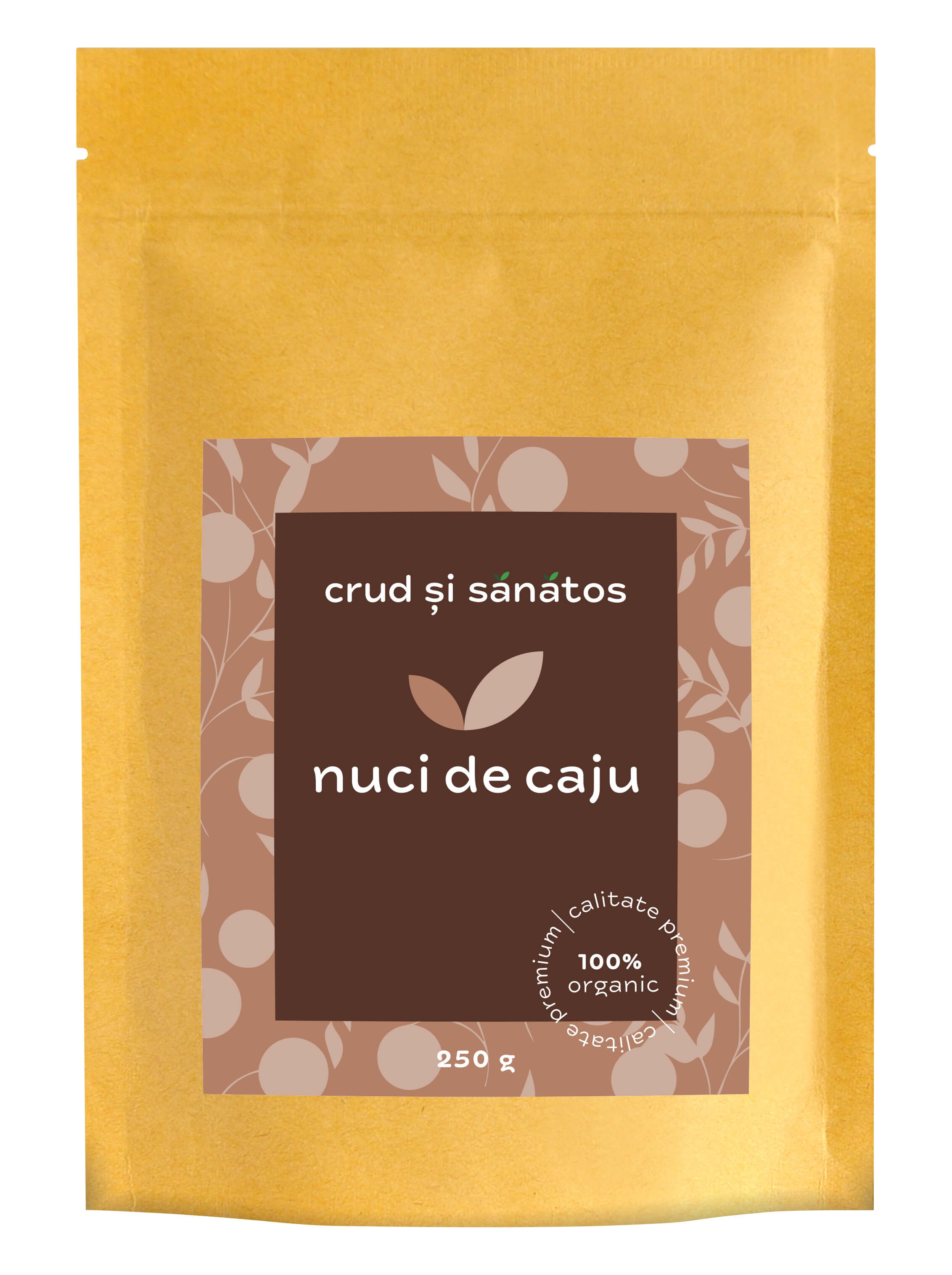 Caju crud bio 500g, ambalaj galben cu etichetă maro, ecologic, fără gluten.