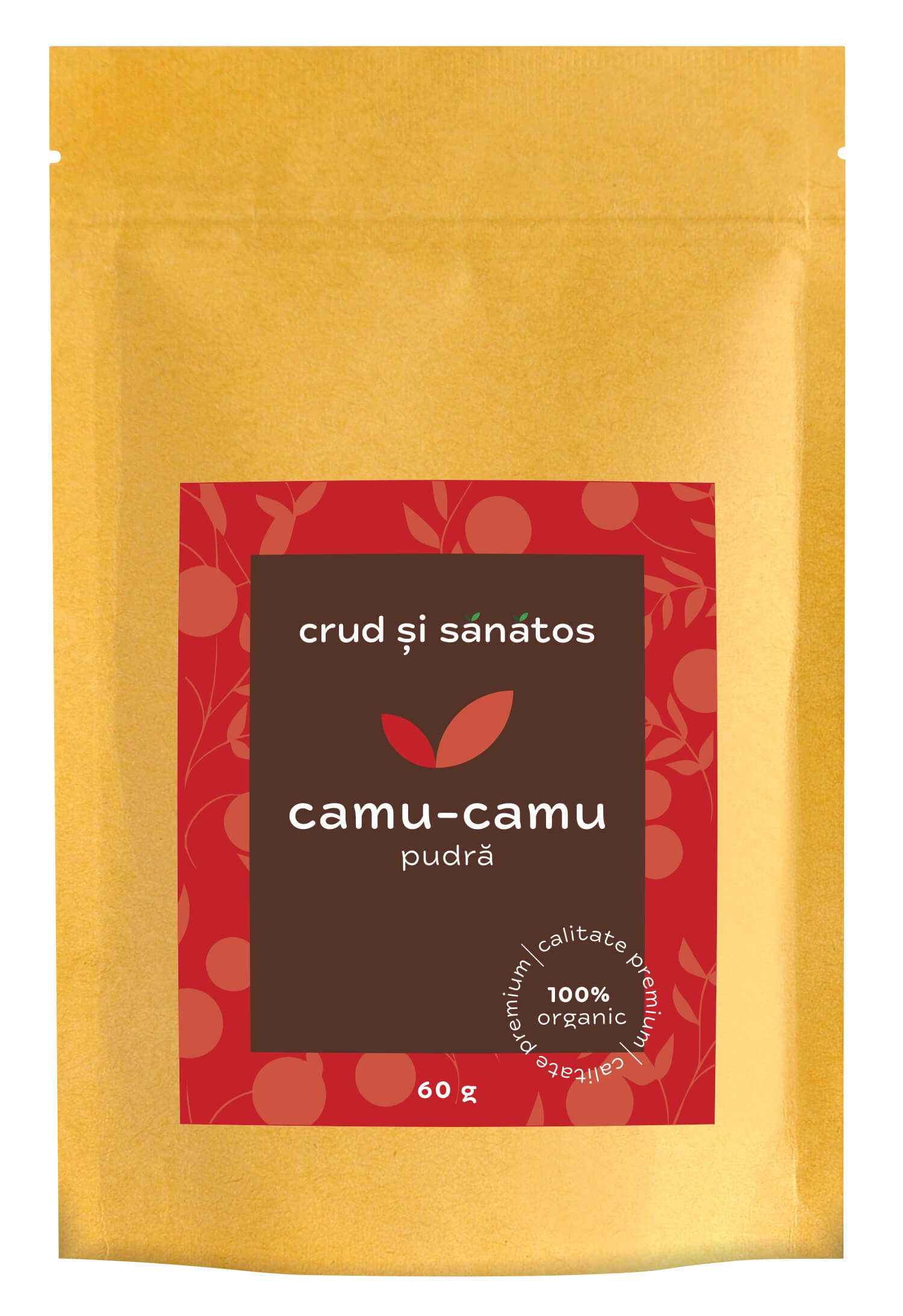 Pudră camu-camu bio 60g, ambalaj auriu cu etichetă roșu-maro, ecologic.