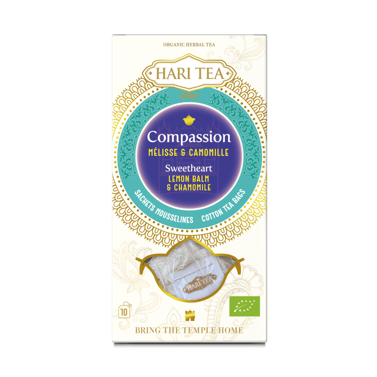 Cutie ceai premium Hari Tea - Sweetheart, tei și mușețel bio, 10 plicuri bumbac, ambalaj alb și albastru elegant.