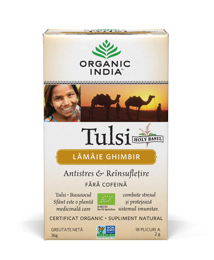 Ceai tulsi lămâie ghimbir Organic India, antistres, ambalaj auriu, 18 plicuri, 36g.