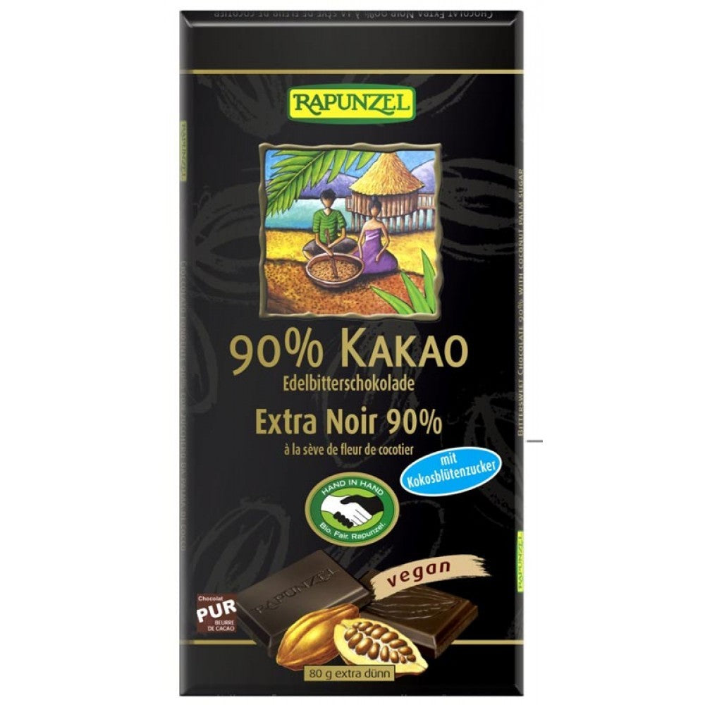 Ciocolata amăruie bio 90% cacao Rapunzel, ambalaj negru, 80g, zahăr de cocos.
