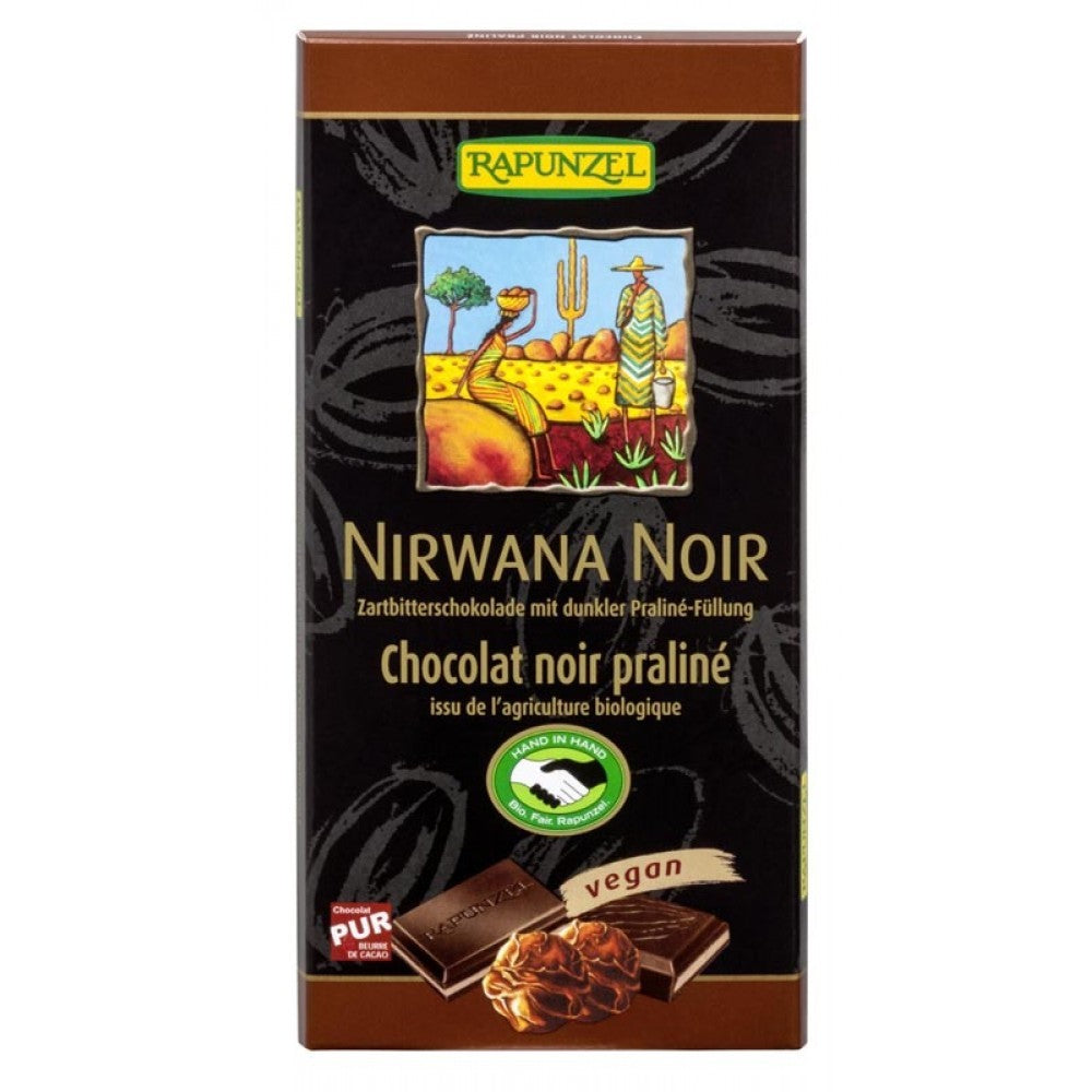 Ciocolata Bio Nirwana neagra cu praline 55% cacao 100g Rapunzel, ambalaj negru și maro.