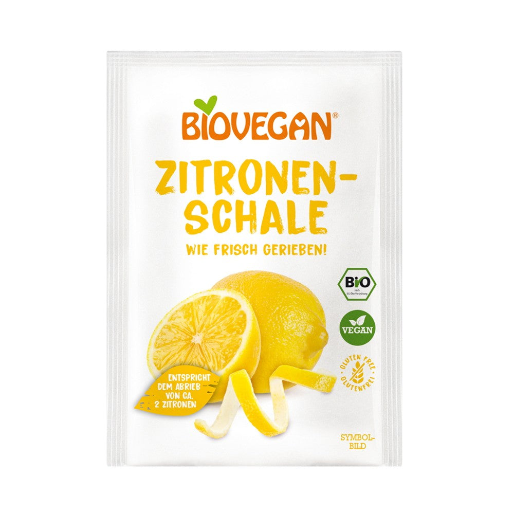 Biovegan coajă de lămâie bio, 9g, fără gluten, ambalaj alb, lămâie galbenă ilustrată.