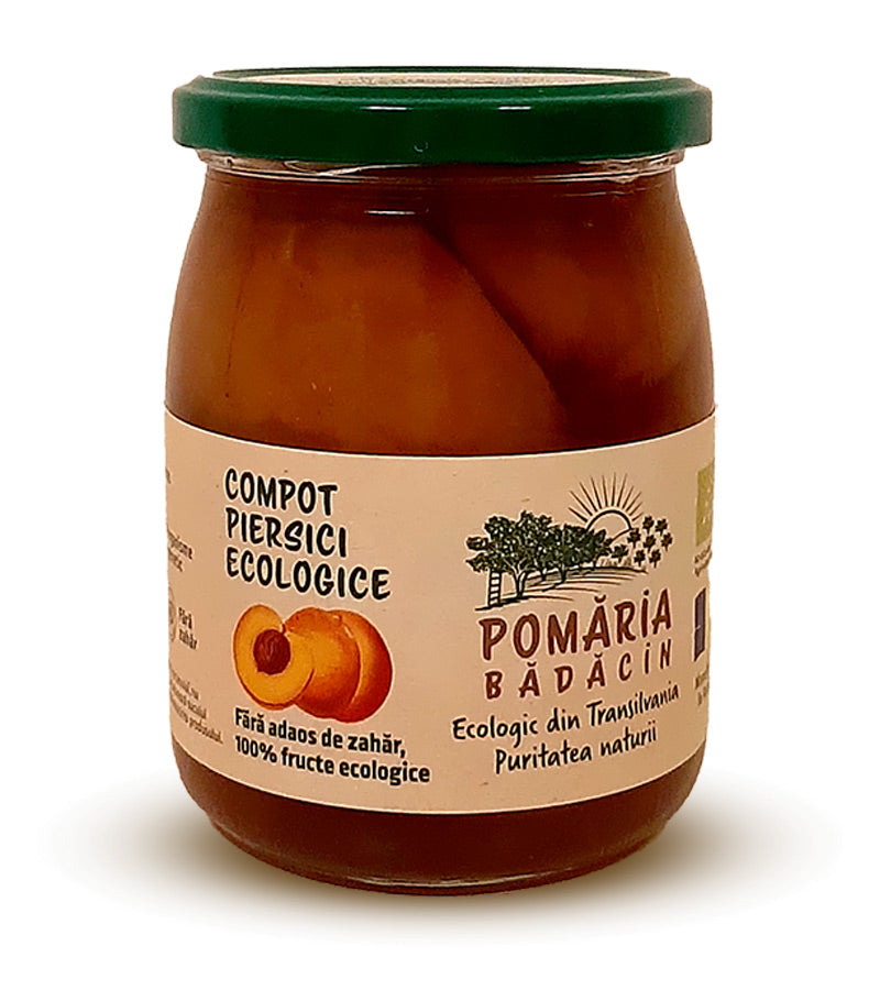 Compot din piersici ecologice indulcit cu suc concentrat de struguri, bio, 580ml, pomaria badacin