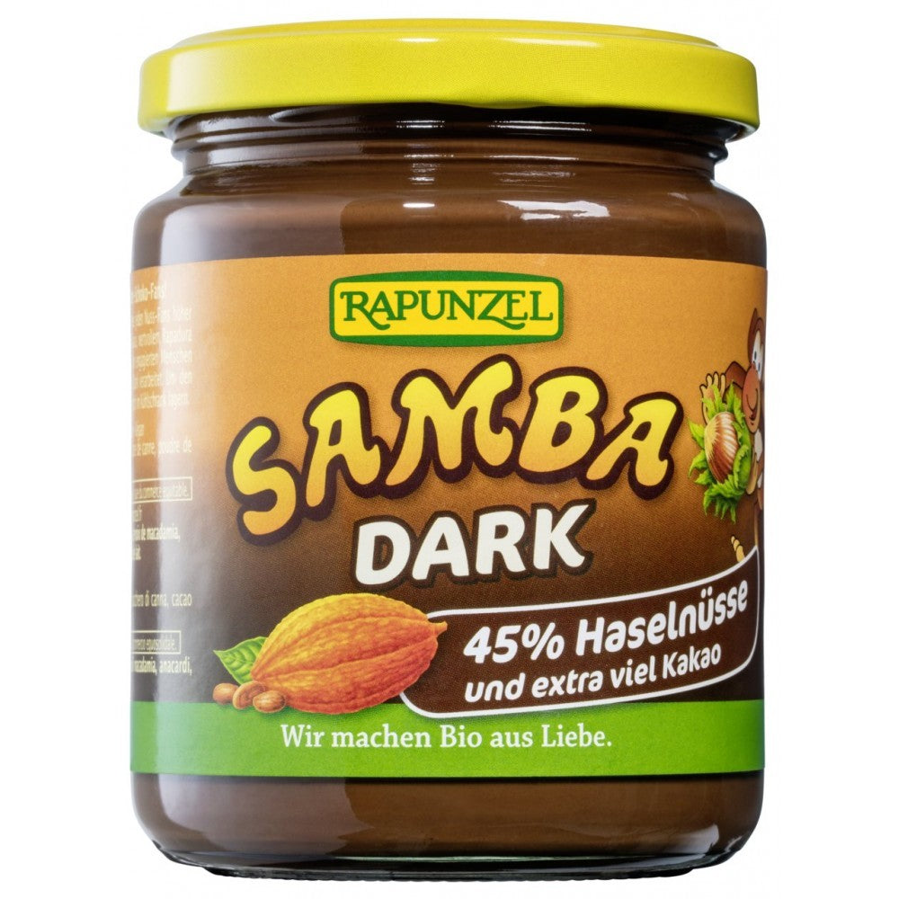 Crema de ciocolată bio Samba dark 250g Rapunzel, borcan maro cu capac galben.