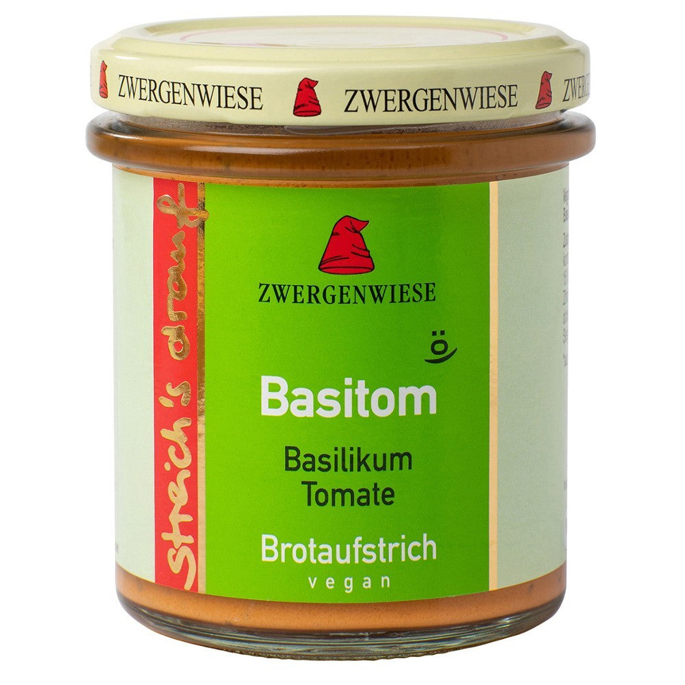 Crema tartinabilă bio Basitom cu busuioc și tomate în borcan de 160g, etichetă verde și capac crem.