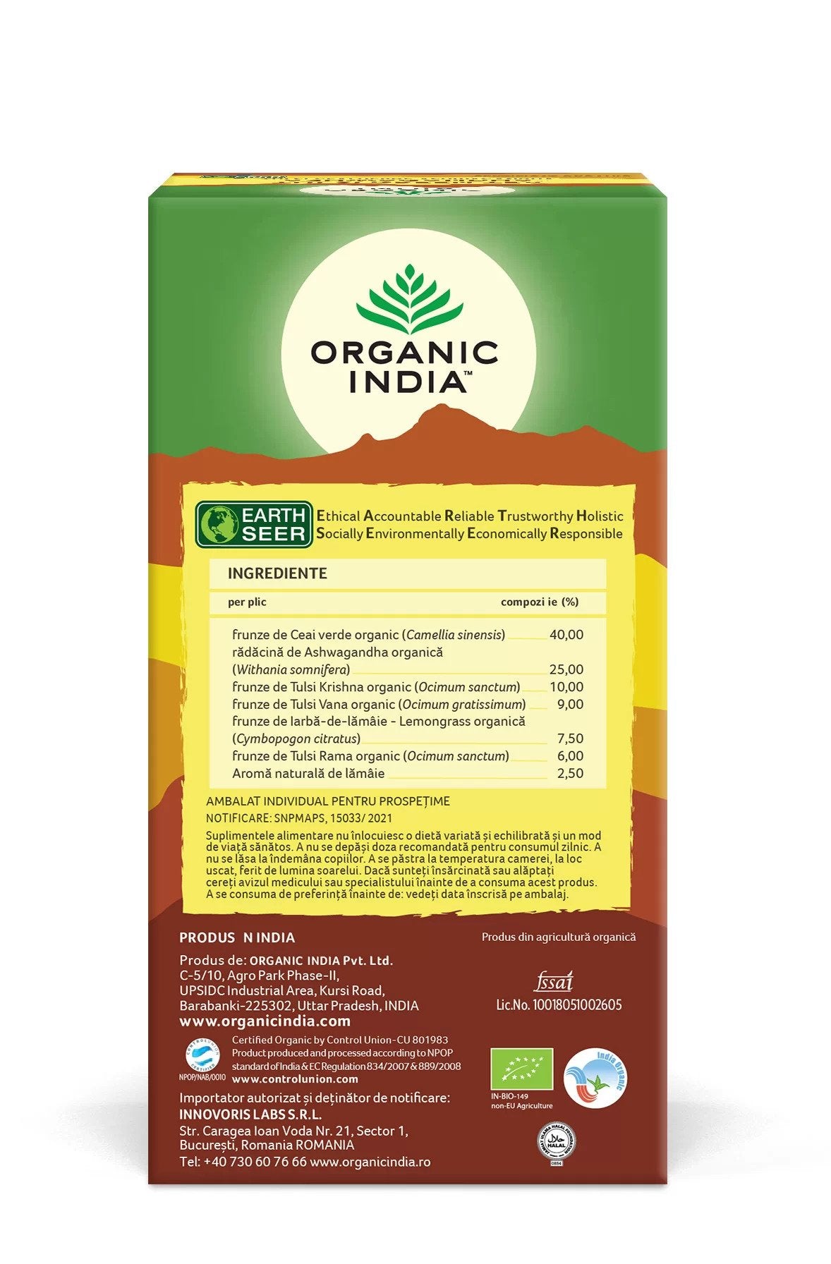 Ceai adaptogen tulsi ashwagandha si ceai verde-anxiolitic, bio, 25 plicuri, organic india