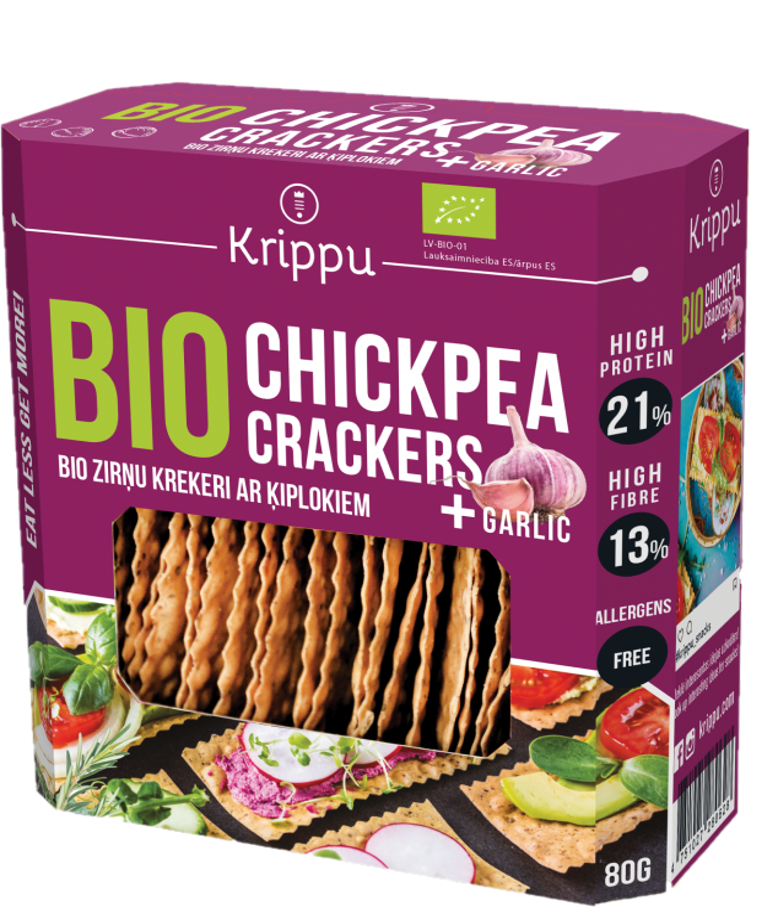 Crackers din naut cu usturoi, bio, 80g, krippu