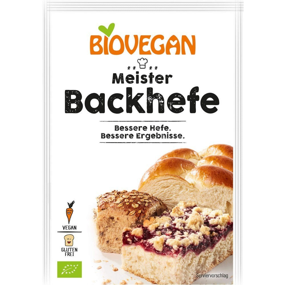 Drojdie vegană fără gluten, pachet 7g, cu pâine și prăjituri prezentate, etichetat BIO.