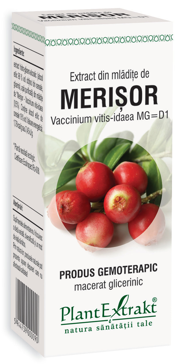 Extract din mlădițe de merișor PlantExtrakt, cutie albă cu text negru și imagine merișoare roșii.