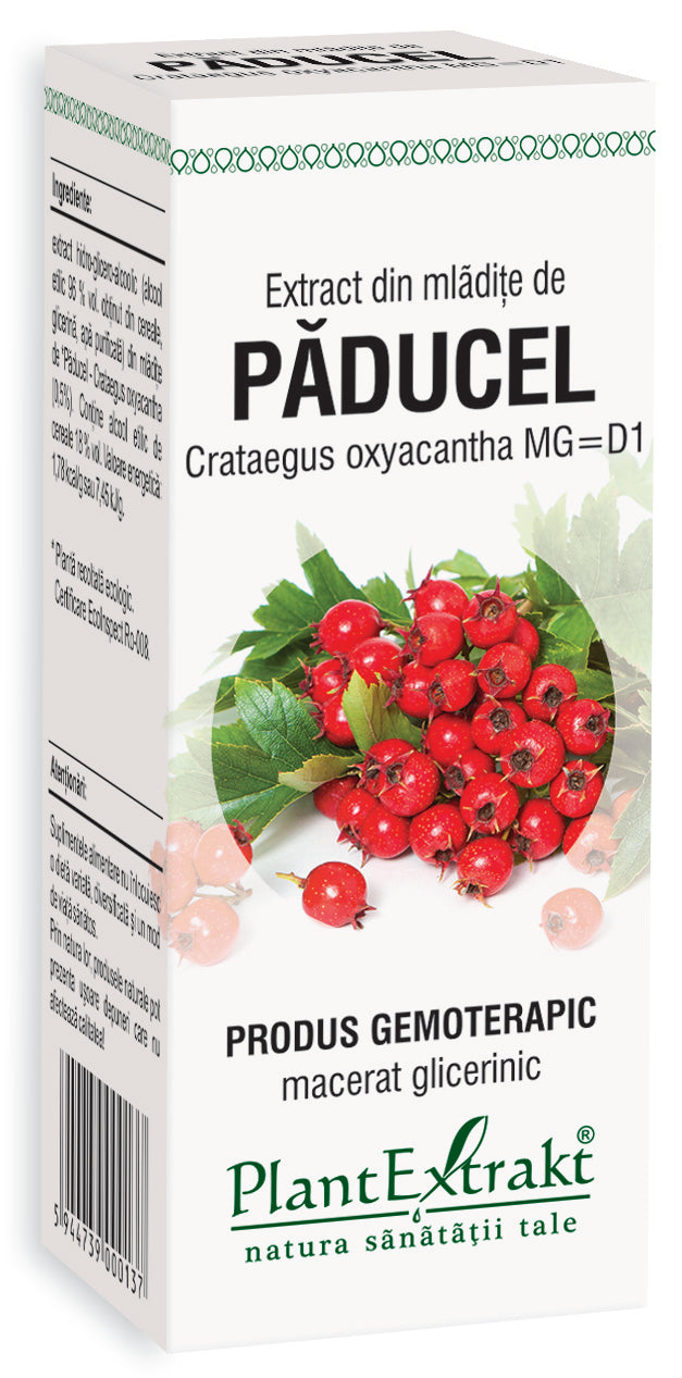 Extract din mlădițe de păducel, 50 ml PlantExtract, gemoterapie, cutie albă cu imagine păducel roșu.