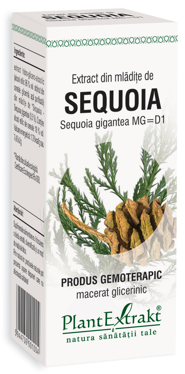 Extract din mlădite de sequoia PlantExtrakt 50 ml, ambalaj alb cu text și imagine conuri sequoia.