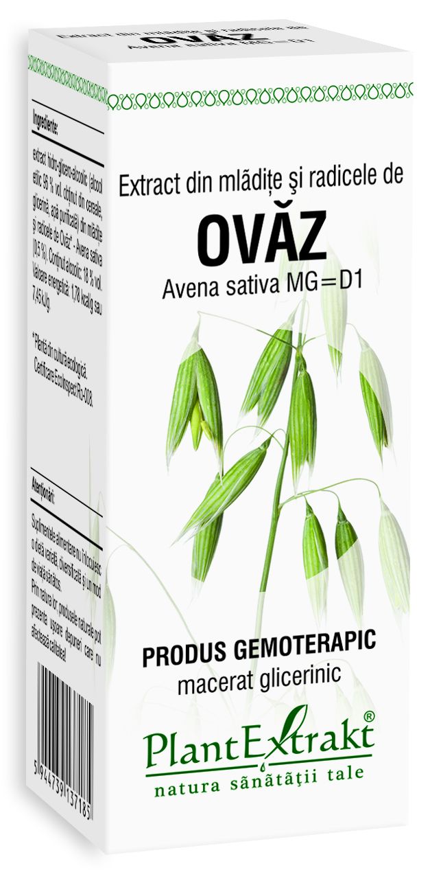 Cutie albă extract ovăz, 50ml, text negru și verde, grafică mlădițe, PlantExtrakt, gemoterapie.