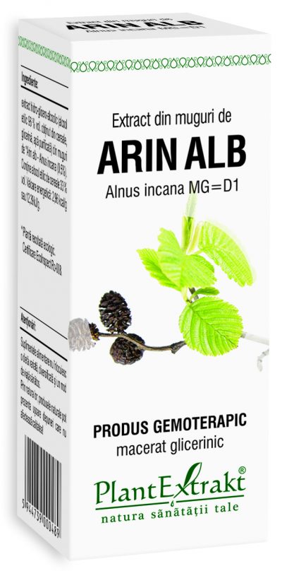 Extract muguri de arin alb, flacon 50ml, PlantExtrakt, macerat glicerinic, cutie albă cu elemente verzi și text negru