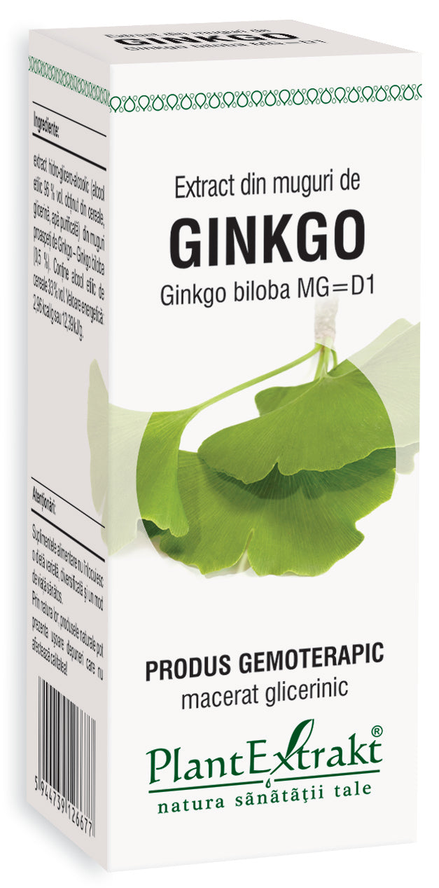 Extract muguri Ginkgo biloba 50 ml PlantExtrakt, cutie albă, frunze verzi ilustrate