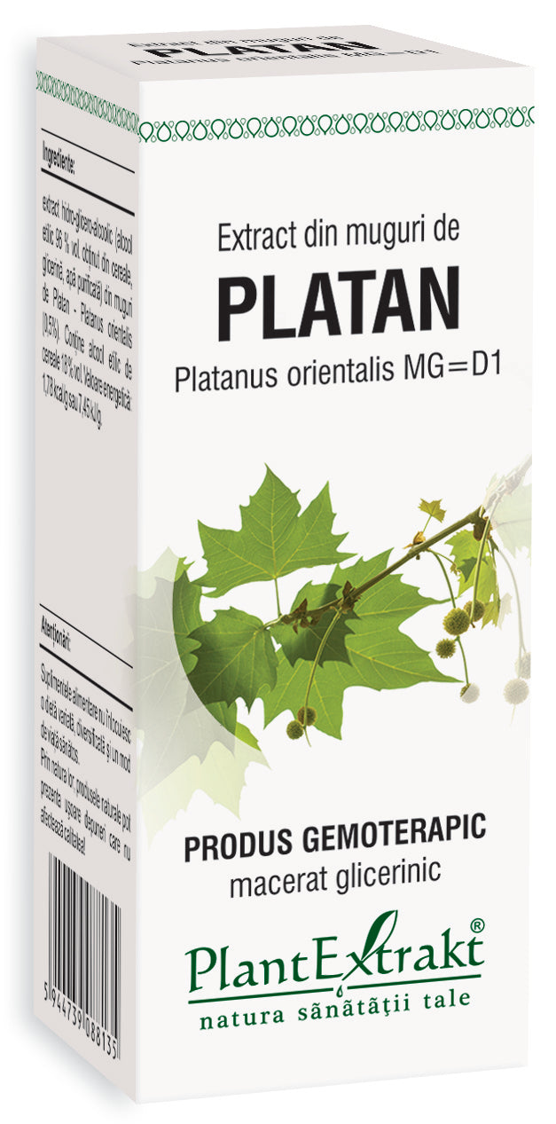 Extract din muguri Platan, 50 ml, cutie albă cu design verde, text și imagine frunze platan, PlantExtrakt.